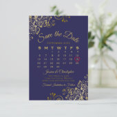 Gold Frills op Navy Blue Elegant Wedding Calendar Save The Date (Staand voorkant)