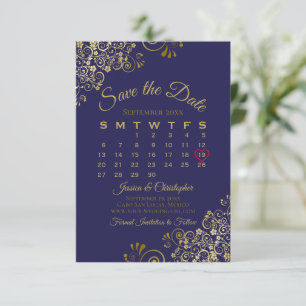 Gold Frills op Navy Blue Elegant Wedding Calendar Save The Date