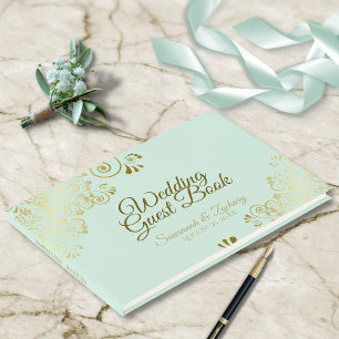Gold Frills op Neo Mint Green Elegant Wedding Gastenboek