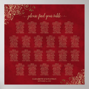 Gold Frills op Red 22 Table Wedding Seating Chart Poster