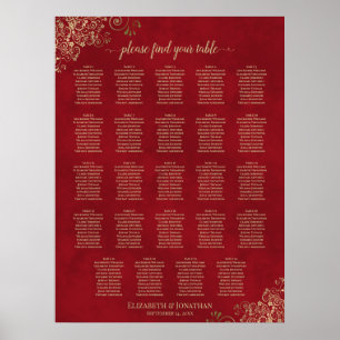 Gold Frills op Red 24 Table Wedding Seating Chart Poster