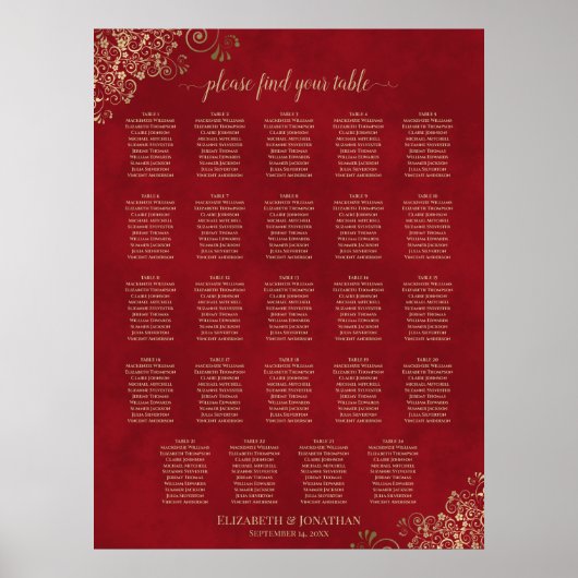 Gold Frills op Red 24 Table Wedding Seating Chart Poster (Voorkant)