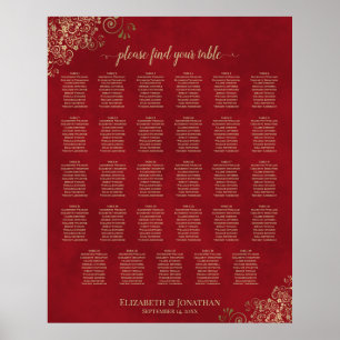 Gold Frills op Red 29 Table Wedding Seating Chart Poster