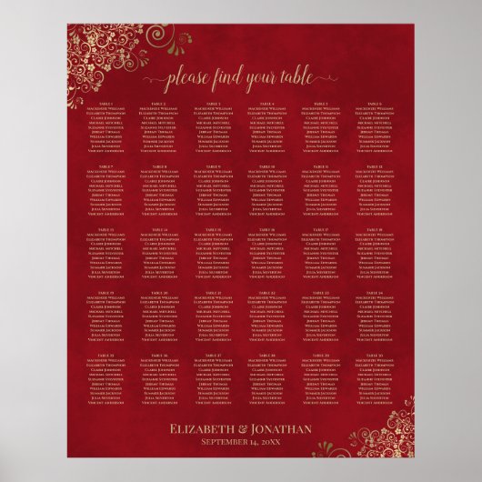 Gold Frills op Red 30 tafel Wedding Seating Chart Poster (Voorkant)