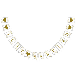 Gold Frills op White Just Married Passen getrouwd Vlaggetjes