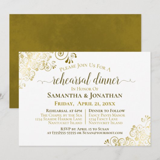 Gold Frills op White Wedding Rehearsal & Dinner Kaart (Voorkant / Achterkant)