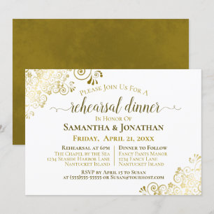 Gold Frills op White Wedding Rehearsal & Dinner Kaart