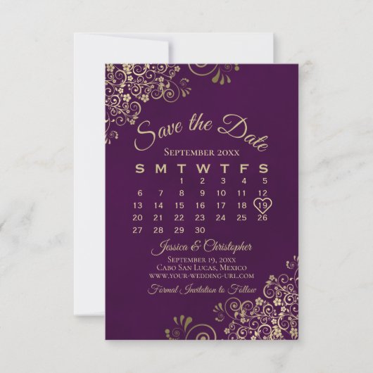 Gold Frills Plum Paarse Elegant Wedding Calendar Save The Date (Voorkant)