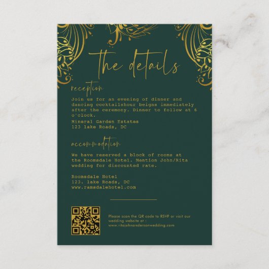 Gold Frills Script Wedding Details Informatiekaartje (Voorkant)