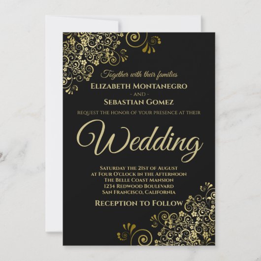 Gold Frills Simple Chic Black Wedding Kaart (Voorkant)