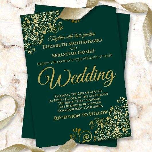 Gold Frills Simple Chic Emerald Green Wedding Kaart