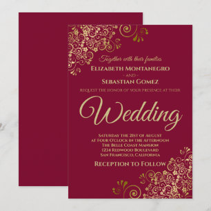 Gold Frills Simple Chic Maroon Burgundy Wedding Kaart