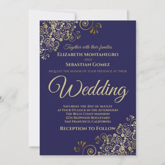 Gold Frills Simple Chic Navy Blue Wedding Kaart (Voorkant)