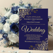 Gold Frills Simple Chic Navy Blue Wedding Kaart