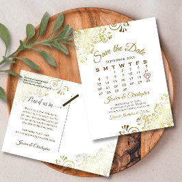 Gold Frills White Wedding Save the Date Calendar Aankondigingskaart