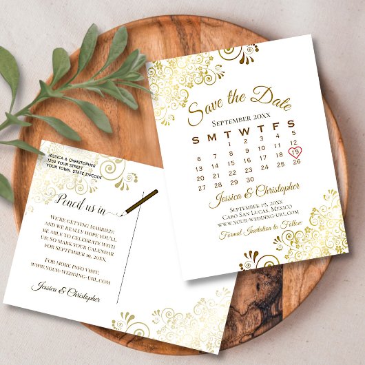 Gold Frills White Wedding Save the Date Calendar Aankondigingskaart