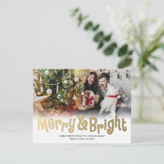 Gold Fun Merry Bright Photo Modern Briefkaart (Staand voorkant)