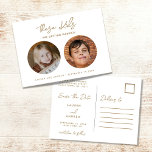 Gold Funny Kinder Photo Script Wedding Save the Da Aankondigingskaart<br><div class="desc">Sla de datumkaarten op voor het leuke koppel dat niet kan wachten om hun bruiloft te vieren met familie en vrienden. Grappig dat deze kinderen gaan trouwen. Design is gepersonaliseerd met je afbeeldingen uit de kindertijd,  namen en trouwdatum.</div>