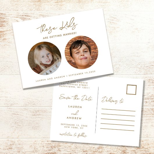 Gold Funny Kinder Photo Script Wedding Save the Da Aankondigingskaart