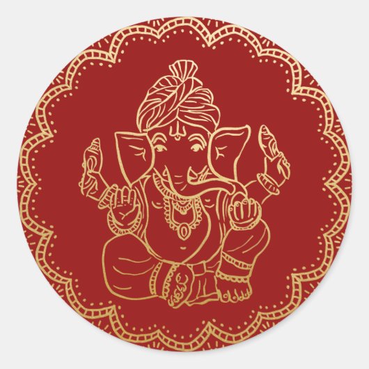 Gold Ganesh | Indiase God Rode bruiloft Ronde Sticker (Voorkant)