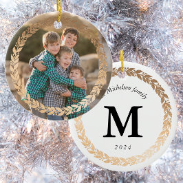 Gold Garland Elegant Photo and Monogrammed White Keramisch Ornament