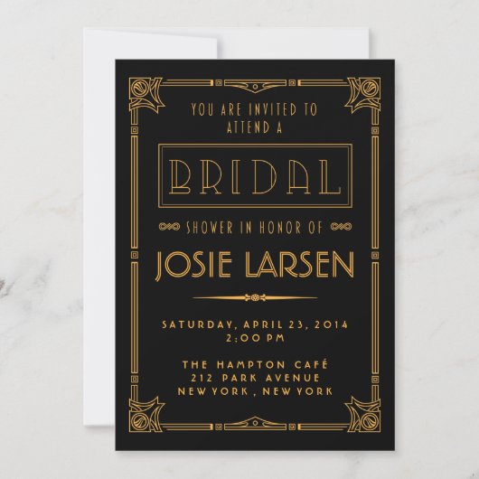 Gold Gatsby Art Deco Bridal Shower-uitnodigingen Kaart (Voorkant)