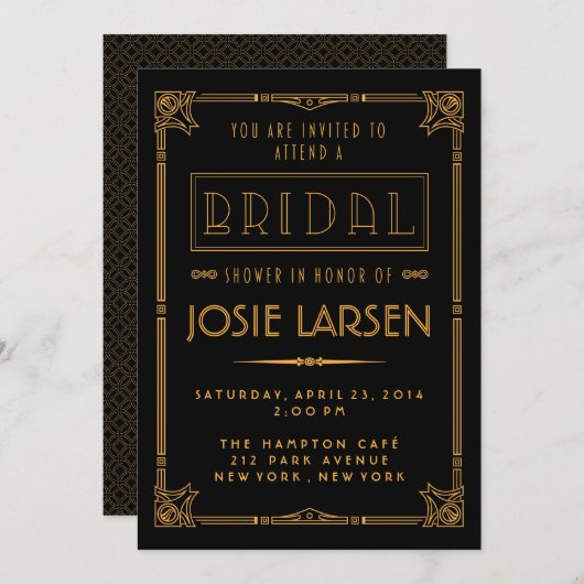 Gold Gatsby Art Deco Bridal Shower-uitnodigingen Kaart (Voorkant / Achterkant)