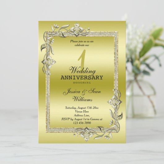 Gold Gem en Glitter 1st Wedding Jubileum Kaart (Staand voorkant)