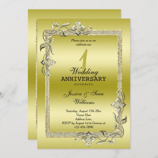 Gold Gem en Glitter 1st Wedding Jubileum Kaart (Voorkant / Achterkant)