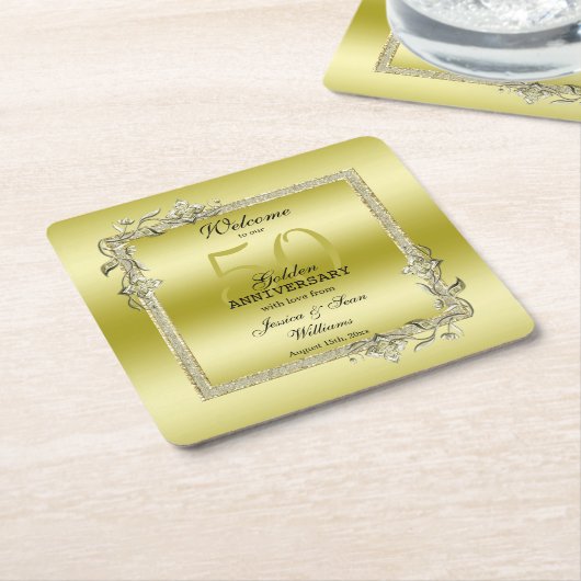 Gold Gem en Glitter 50th Golden Wedding Jubileum Kartonnen Onderzetters (Schuin)