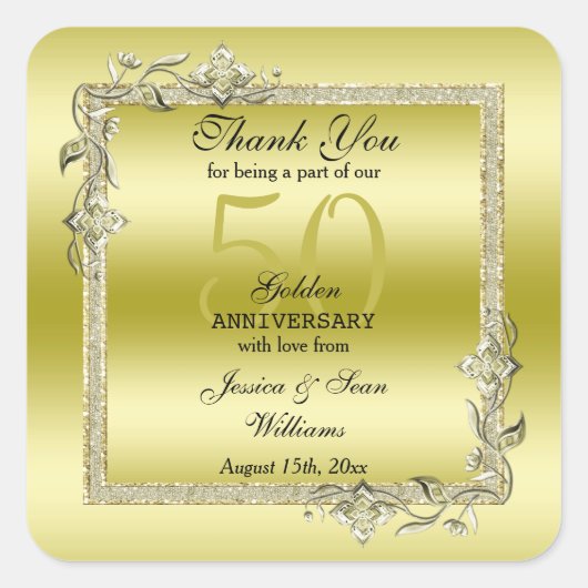 Gold Gem en Glitter 50th Golden Wedding Jubileum Vierkante Sticker (Voorkant)