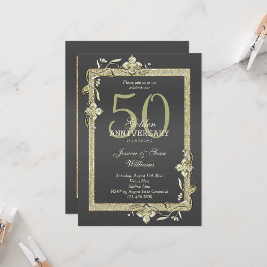 Gold Gem en Glitter 50th Golden Wedding Kaart (Voorkant / Achterkant in situ)
