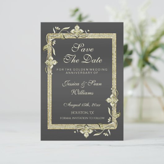 Gold Gem en Glitter 50th Golden Wedding Save The Date (Staand voorkant)