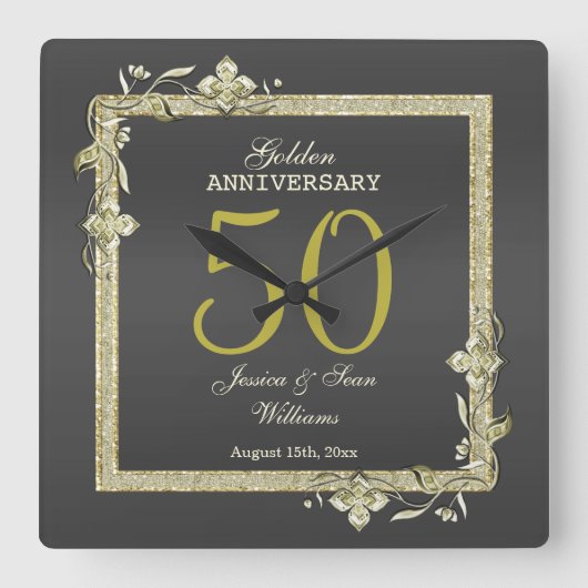Gold Gem en Glitter 50th Golden Wedding Vierkante Klok (Voorkant)