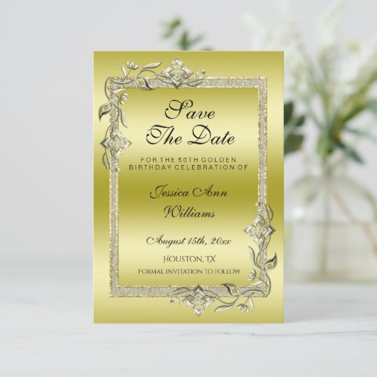 Gold Gem & Glitter 50th Golden Birthday Party Save The Date (Staand voorkant)