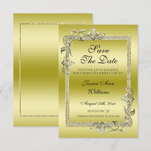 Gold Gem & Glitter 50th Golden Birthday Party Save The Date (Voorkant / Achterkant)