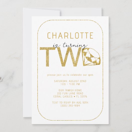 Gold Gem Sparkle Uitnodiging voor het 2e verjaarda (Voorkant)