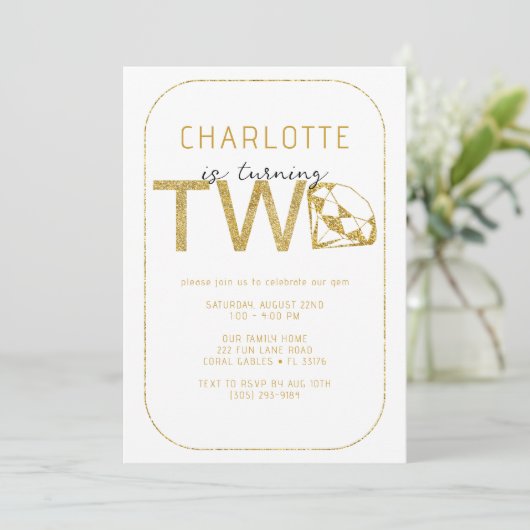 Gold Gem Sparkle Uitnodiging voor het 2e verjaarda (Staand voorkant)