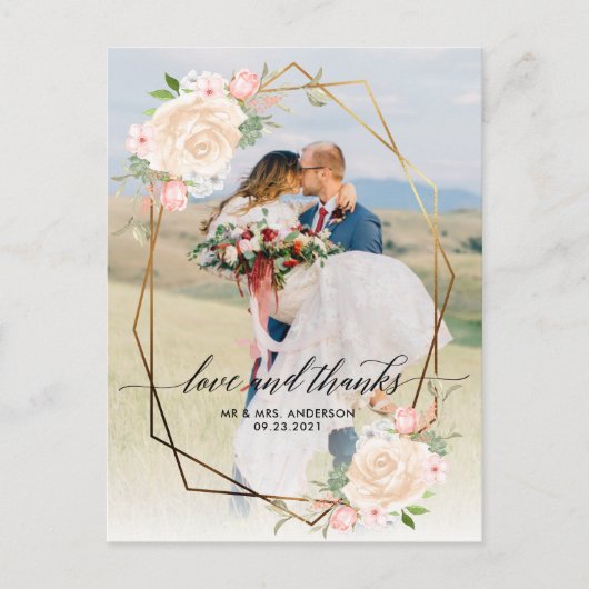 Gold Geo Lijst Peach Photo Wedding Dank u Briefkaart (Voorkant)