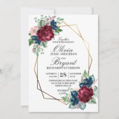 Gold Geo Navy Bourgondië Bloemen Huwelijk Kaart (Voorkant)