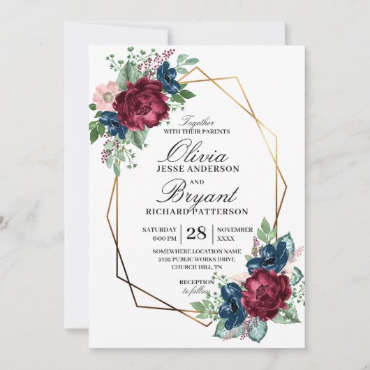 Gold Geo Navy Bourgondië Bloemen Huwelijk Kaart (Voorkant)