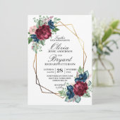 Gold Geo Navy Bourgondië Bloemen Huwelijk Kaart (Staand voorkant)