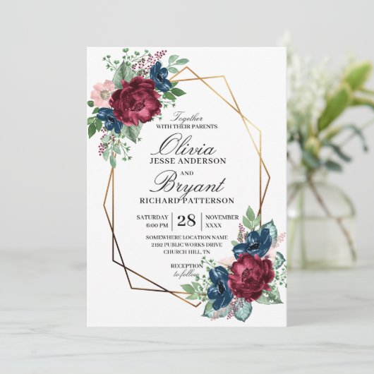 Gold Geo Navy Bourgondië Bloemen Huwelijk Kaart (Staand voorkant)