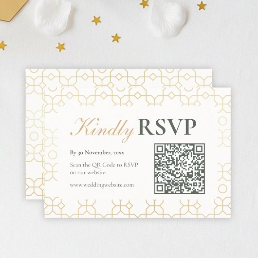 Gold Geometric Arch Wedding RSVP with QR Code Kaartje