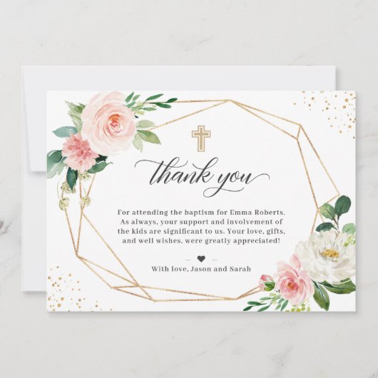 Gold Geometric Blush Floral Baptism Christening Bedankkaart (Voorkant)