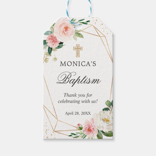 Gold Geometric Blush Floral Baptism & Christening Cadeaulabel (Voorkant)