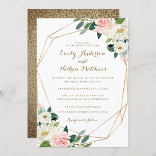Gold Geometric Blush Floral Wedding Invitation Kaart