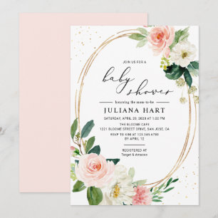 Gold Geometric Blush Pink Floral Baby shower Kaart
