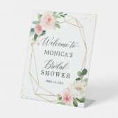 Gold Geometric Blush Pink Floral Vrijgezellenfeest Reclamebord Met Voetstuk (Voorkant)