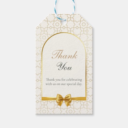 Gold Geometric Bow Wedding Favor Cadeaulabel (Voorkant)